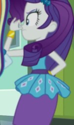 Size: 430x720 | Tagged: safe, screencap, rainbow dash, rarity, a queen of clubs, equestria girls, g4, my little pony equestria girls: better together, cropped, female, holding nose, plugged nose, rarity is not amused, rarity peplum dress, rear view, unamused
