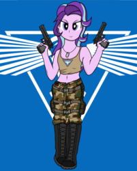 Size: 2060x2560 | Tagged: safe, artist:xphil1998, starlight glimmer, equestria girls, g4, belly button, boots, camouflage, clothes, command and conquer, crossover, desert eagle, dog tags, dual wield, gun, guns akimbo, high res, midriff, military, red alert 3, shoes, smiling, tank top, tanya adams, weapon