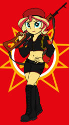 Size: 1536x2796 | Tagged: safe, artist:xphil1998, sunset shimmer, equestria girls, g4, belly button, beret, boots, clothes, command and conquer, crossover, epaulettes, gun, hat, midriff, military, natasha volkova, red alert, red alert 3, rifle, shoes, shorts, sling, smiling, sniper rifle, soviet shimmer, weapon