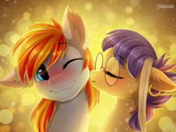 Size: 1116x837 | Tagged: safe, artist:scheadar, oc, oc only, oc:cookie, oc:heartfire, pony, blushing, cheek kiss, cookiefire, duo, ear piercing, female, glasses, kissing, lens flare, male, piercing, shipping, straight, ych result