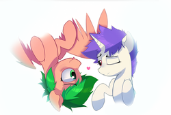Size: 1602x1080 | Tagged: safe, artist:darksittich, artist:woonasart, oc, oc only, pegasus, pony, unicorn, cute, glowing, heart, shipping, tongue out