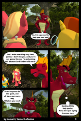 Size: 1400x2100 | Tagged: safe, artist:jamarilafouine, big macintosh, garble, sunburst, dragon, comic:draconic potion, g4, 3d, comic, dialogue, english, membranous wings, multicolored hair, wings