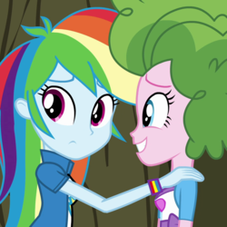 Size: 1000x1000 | Tagged: safe, screencap, pinkie pie, rainbow dash, equestria girls, g4, my little pony equestria girls: friendship games, pinkie spy (short), breasts, bush, clothes, cropped, duo, duo female, female, shirt, smiling, t-shirt, teenager, wristband