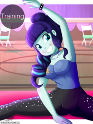 Size: 1020x1360 | Tagged: safe, artist:the-butch-x, coloratura, human, equestria girls, g4, armpits, breasts, busty coloratura, clothes, commission, exercise, female, grin, pants, rara, signature, smiling, solo, splits, stretching, sweat, training, yoga pants