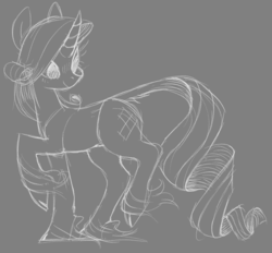 Size: 1006x933 | Tagged: safe, artist:xenon, rarity, pony, unicorn, g4, female, gray background, looking back, mare, monochrome, raised hoof, simple background, sketch, solo, unshorn fetlocks