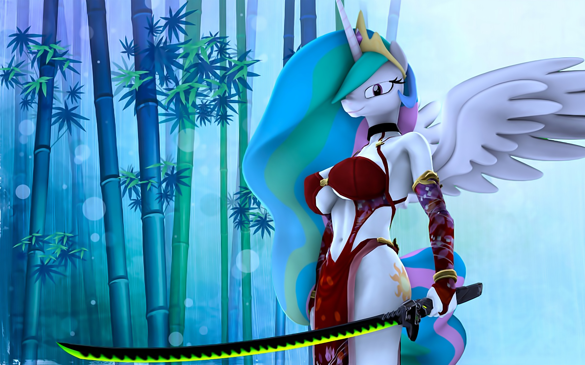 1587867 - suggestive, artist:loveslove, princess celestia, alicorn, anthro,  g4, 3d, armor, breasts, busty princess celestia, choker, clothes,  confident, crown, cutie mark, ethereal mane, fantasy class, female, flowing  mane, genji (overwatch), jewelry ...