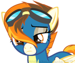 Size: 629x529 | Tagged: safe, artist:ipandacakes, oc, oc only, oc:fire starter, pegasus, pony, base used, clothes, female, goggles, hair over one eye, mare, next generation, offspring, parent:spitfire, simple background, solo, story in the source, transparent background, uniform, wonderbolts uniform