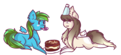 Size: 538x247 | Tagged: safe, artist:angelic-shield, derpibooru exclusive, oc, oc only, oc:aura specs, oc:chloe, pegasus, pony, birthday, birthday cake, cake, chibi, food, hat, party hat, party horn, simple background, small, transparent background