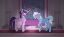 Size: 1164x686 | Tagged: safe, artist:crystalartmlp, trixie, twilight sparkle, alicorn, pony, unicorn, g4, eye contact, female, glowing horn, horn, lesbian, looking at each other, mare, profile, ship:twixie, shipping, twilight sparkle (alicorn)