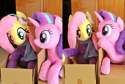 Size: 1528x1024 | Tagged: safe, artist:nekokevin, fluttershy, starlight glimmer, pegasus, pony, unicorn, series:nekokevin's glimmy, g4, box, clothes, cute, earmuffs, female, flutterbox, glimmerbetes, irl, life size, looking at each other, mare, photo, plushie, pony in a box, raised hoof, scarf, shyabetes, smiling, whispering