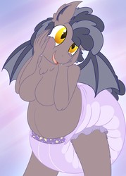 Size: 914x1280 | Tagged: safe, artist:plinkie_poi, oc, oc only, oc:plinkie poi, bat pony, anthro, bat pony oc, breasts, chubby, clothes, cute, diaper, featureless breasts, female, non-baby in diaper, partial nudity, poofy diaper, solo, topless
