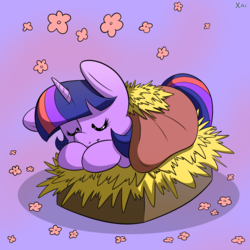 Size: 2000x2000 | Tagged: safe, artist:fluffyxai, twilight sparkle, pony, g4, :t, behaving like a bird, blanket, cute, eyes closed, female, flower, hay, high res, mare, nest, prone, purple background, simple background, sleeping, smiling, solo, twiabetes