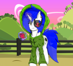 Size: 5536x5000 | Tagged: artist needed, source needed, safe, oc, oc only, oc:zerox, pony, unicorn, absurd resolution, apple, clothes, coat, ear piercing, earring, eating, eyepatch, food, hoodie, jewelry, piercing, serious, serious face, solo, sweet apple acres