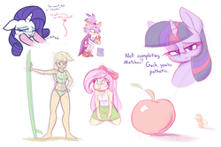 Size: 3000x2000 | Tagged: safe, artist:heir-of-rick, applejack, fluttershy, rarity, twilight sparkle, pony, equestria girls, g4, apple, appletini, armpits, barefoot, belly button, bikini, blaze the cat, bow, breasts, clothes, colored sketch, cowboy hat, crossover, cute, feet, female, food, hat, high res, male, mare, midriff, shyabetes, skirt, skirt pull, smiling, sonic the hedgehog, sonic the hedgehog (series), stetson, surfboard, swimsuit, tank top, tankini