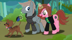 Size: 1793x1000 | Tagged: safe, artist:ruinedomega, oc, oc only, oc:flash sync, oc:luna(dog), oc:post haste, dog, pegasus, pony, unicorn, clothes, couple, female, forest, glasses, magic, male, mare, pet, stallion, walking