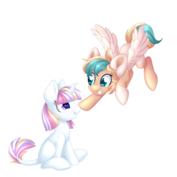 Size: 3000x3000 | Tagged: safe, artist:scarlet-spectrum, oc, oc only, oc:sun light, pegasus, pony, unicorn, boop, duo, female, filly, foal, high res, simple background, smiling, transparent background