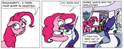 Size: 1462x579 | Tagged: safe, artist:gingerfoxy, pinkie pie, rarity, earth pony, pony, skeleton pony, unicorn, pony comic generator, g4, bone, carousel boutique, closet, comic, skeleton