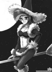 Size: 1000x1400 | Tagged: safe, artist:johnjoseco, allie way, human, g4, badass adorable, belly button, breasts, broom, cute, female, flying, flying broomstick, full moon, grayscale, human female, humanized, midriff, monochrome, moon, open mouth, solo, witch