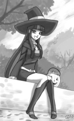 Size: 1000x1625 | Tagged: safe, artist:johnjoseco, twilight sparkle, human, akko kagari, anime, boots, candy, clothes, cosplay, costume, cute, dress, female, food, grayscale, halloween, holiday, human female, humanized, legs, little witch academia, long hair, moe, monochrome, open mouth, outdoors, pumpkin bucket, shoes, skirt, smiling, solo, tree, witch