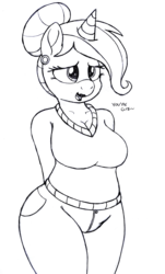 Size: 2411x4000 | Tagged: safe, artist:an-tonio, oc, oc only, oc:golden brooch, unicorn, anthro, anthro oc, breasts, busty golden brooch, chubby, clothes, earring, female, hair bun, jeans, jewelry, lineart, lipstick, monochrome, mother, pants, pearl earrings, solo, sweater, traditional art