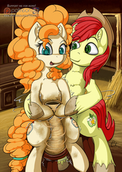 Size: 905x1280 | Tagged: safe, artist:calena, bright mac, pear butter, earth pony, pony, g4, both cutie marks, cowboy hat, female, ghost (movie), hat, male, mare, married couple, misleading thumbnail, movie reference, patreon, patreon logo, pottery wheel, ship:brightbutter, shipping, sitting, smiling, stallion, stetson, straight, unshorn fetlocks