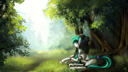 Size: 1920x1080 | Tagged: safe, artist:cosmalumi, oc, oc only, oc:nighttide star, pony, robot, robot pony, detailed background, female, forest, mare, scenery, solo
