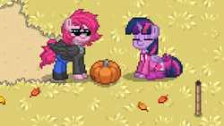 Size: 627x353 | Tagged: safe, pinkie pie, twilight sparkle, alicorn, pony, pony town, g4, clothes, glasses, jacket, leaves, pumpkin, socks, striped socks, sweater, torch, twilight sparkle (alicorn)