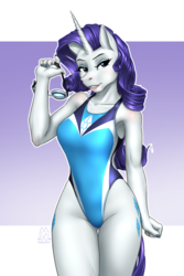 Size: 1900x2850 | Tagged: safe, artist:mykegreywolf, rarity, unicorn, anthro, g4, armpits, clothes, female, goggles, high-cut clothing, lipstick, mare, one-piece swimsuit, open mouth, open-back swimsuit, solo, sports, sports swimsuit, swimsuit