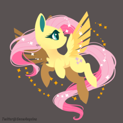Size: 2449x2449 | Tagged: safe, artist:snow angel, fluttershy, pegasus, pony, g4, cute, female, flying, gray background, high res, mare, shyabetes, simple background, solo, sparkles