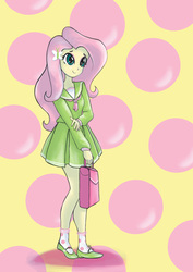 Size: 2481x3507 | Tagged: safe, artist:eiranosaur, fluttershy, equestria girls, g4, clothes, cute, eyeshadow, female, high res, long hair, makeup, mary janes, moe, pleated skirt, schoolgirl, shoes, skirt, smiling, socks, solo