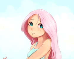 Size: 2500x2000 | Tagged: safe, artist:miokomata, fluttershy, human, g4, bust, clothes, cute, female, freckles, high res, human female, humanized, shyabetes, smiling, solo