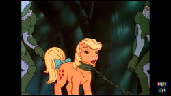 Size: 1280x720 | Tagged: safe, screencap, applejack (g1), g1, rescue at midnight castle, chained, midnight castle guard