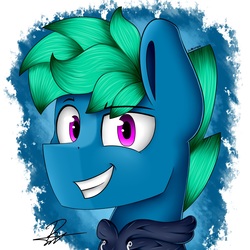Size: 1200x1200 | Tagged: safe, artist:supermoix, oc, oc only, oc:supermoix, pony, blue coat, bust, green hair, green mane, grin, happy, male, pink eyes, signature, smiling, solo, stallion