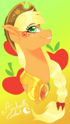 Size: 1432x2500 | Tagged: safe, artist:djspark3, applejack, g4, braided ponytail, bust, cowboy hat, cutie mark background, element of honesty, female, hat, makeup, portrait, signature, smiling, solo, stetson