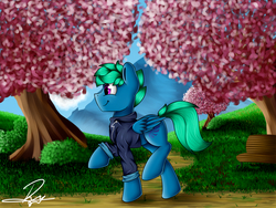 Size: 1600x1200 | Tagged: safe, artist:supermoix, oc, oc only, oc:supermoix, pegasus, pony, blue coat, cherry blossoms, cherry tree, flower, flower blossom, green hair, green mane, green tail, male, mountain, pink eyes, signature, solo, stallion, tree, walking