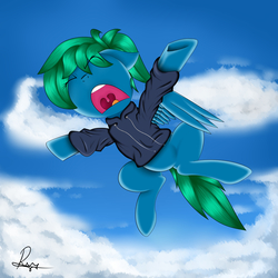 Size: 5808x5808 | Tagged: safe, artist:supermoix, oc, oc only, oc:supermoix, pegasus, pony, absurd resolution, angry, blue coat, cloud, flying, green hair, green mane, green tail, male, open mouth, sky, solo, spread wings, stallion, wings
