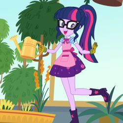 Size: 2000x2000 | Tagged: safe, artist:phucknuckl, sci-twi, twilight sparkle, equestria girls, g4, my little pony equestria girls: better together, my little shop of horrors, apron, boots, celestia's house, clothes, cute, female, geode of telekinesis, glasses, gloves, happy, high res, open mouth, raised leg, room to grow, shoes, show accurate, smiling, solo, stars, tree, twiabetes, watering can