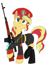 Size: 1256x1716 | Tagged: safe, artist:xphil1998, sunset shimmer, pony, unicorn, g4, beret, boots, clothes, command and conquer, crossover, dragunov, dragunov svd, epaulettes, female, glowing horn, gun, hat, hooves, horn, looking at you, magic, mare, midriff, military uniform, natasha volkova, optical sight, red alert, red alert 3, rifle, shoes, simple background, sniper, sniper rifle, sniperskya vintovka dragunova, solo, soviet shimmer, svd, telekinesis, transparent background, weapon