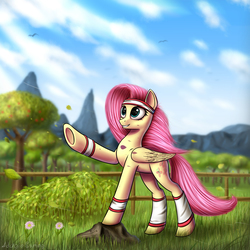 Size: 2000x2000 | Tagged: safe, artist:adagiostring, fluttershy, pegasus, pony, g4, female, high res, mare, outdoors, solo, workout outfit