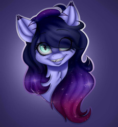 Size: 1045x1133 | Tagged: safe, artist:ggchristian, oc, oc only, oc:evening eclipse, pony, bust, chest fluff, fangs, female, hair over one eye, looking at you, mare, portrait, smiling, solo