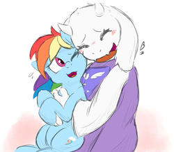 Size: 1600x1400 | Tagged: safe, artist:gamijack, rainbow dash, pony, g4, blushing, clothes, crossover, cute, daaaaaaaaaaaw, dashabetes, duo, duo female, eyes closed, female, holding a pony, hug, one eye closed, open mouth, simple background, smiling, toriel, undertale, white background, wingless
