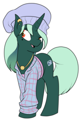 Size: 2114x3177 | Tagged: safe, artist:heyerika, oc, oc only, oc:backspin, pony, unicorn, 2018 community collab, derpibooru community collaboration, clothes, hat, high res, jewelry, necklace, piercing, simple background, transparent background