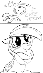 Size: 752x1276 | Tagged: safe, artist:dotkwa, rainbow dash, pegasus, pony, g4, comic, cute, dashabetes, dialogue, female, floppy ears, grayscale, mare, monochrome, solo