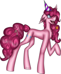Size: 3126x3791 | Tagged: safe, artist:wildiecrazy, pinkie pie, earth pony, pony, g4, candy, candy cane, female, food, hat, high res, lollipop, party hat, simple background, solo, transparent background
