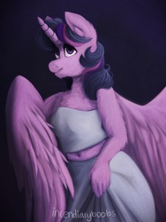 Size: 1536x2048 | Tagged: safe, artist:incendiarymoth, twilight sparkle, alicorn, anthro, g4, belly button, clothes, female, mare, midriff, shirt, skirt, skirt lift, smiling, solo, twilight sparkle (alicorn)