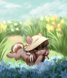 Size: 2696x3131 | Tagged: safe, artist:aphphphphp, oc, oc only, earth pony, pony, female, hat, high res, mare, scenery, solo