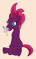 Size: 1303x2134 | Tagged: safe, artist:cybersquirrel, fizzlepop berrytwist, tempest shadow, pony, unicorn, g4, my little pony: the movie, broken horn, colored pupils, female, flat colors, food, horn, ice cream, licking, simple background, sitting, solo, tongue out