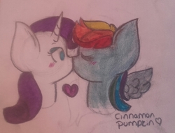 Size: 2006x1536 | Tagged: safe, artist:cinnamon-pumpkin, rainbow dash, rarity, pegasus, pony, unicorn, g4, blushing, eyes closed, female, heart, kissing, lesbian, mare, ship:raridash, shipping, signature, traditional art