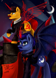 Size: 1280x1780 | Tagged: safe, artist:das_leben, bat pony, earth pony, pony, alicornification, clothes, communism, crescent moon, duo, facial hair, history, lenin, leon trotsky, male, moon, night, ponified, raised hoof, revolution, russia, russian revolution, soviet, spread wings, stallion, wings