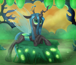 Size: 1900x1629 | Tagged: dead source, safe, artist:sl0ne, queen chrysalis, changeling, changeling queen, g4, changeling hive, cocoon, female, smiling, solo